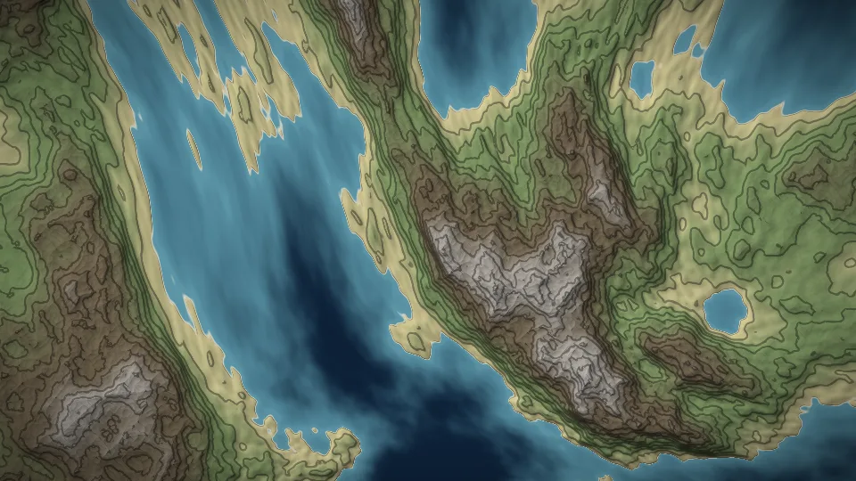 A topographic map of an island with contour lines and snowy highlands