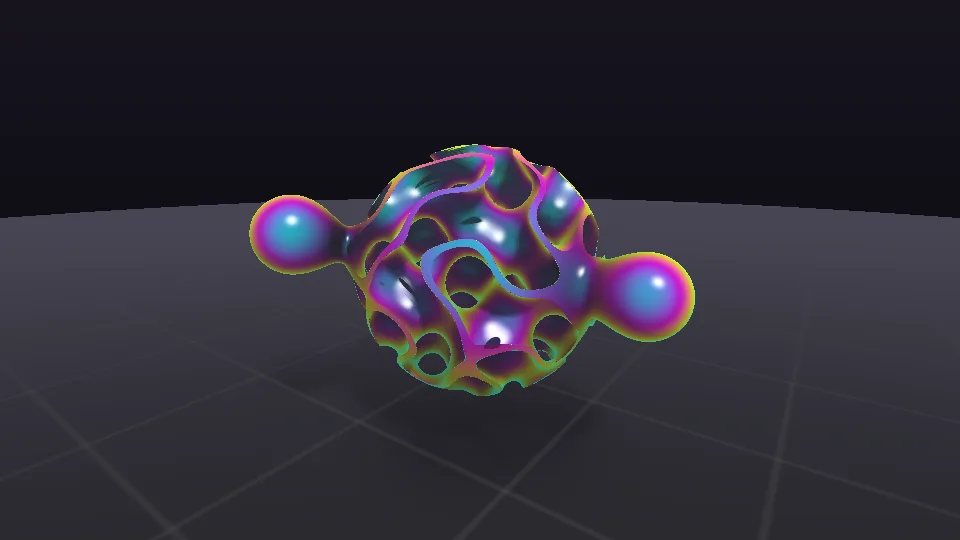 An iridescent sphere carved into a lattice, with three drops melting into it